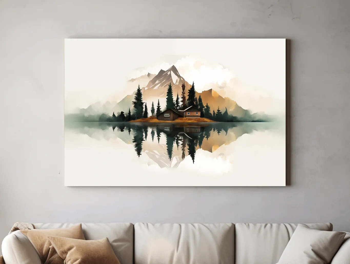 Minimalist Mountain Cabin Lake Reflection - Misty Watercolor Landscape Wall Art