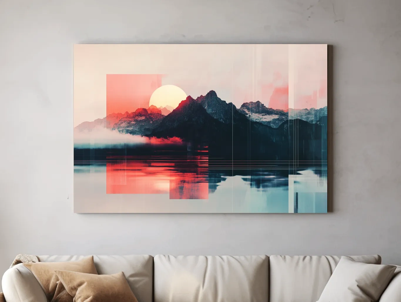 Abstract Alpine Mountain Sunset Reflection - Modern Geometric Glitch Wall Art