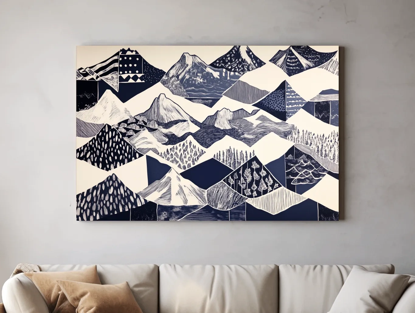 Linocut Patchwork Mountain Range Illustration - Modern Landscape Artwork