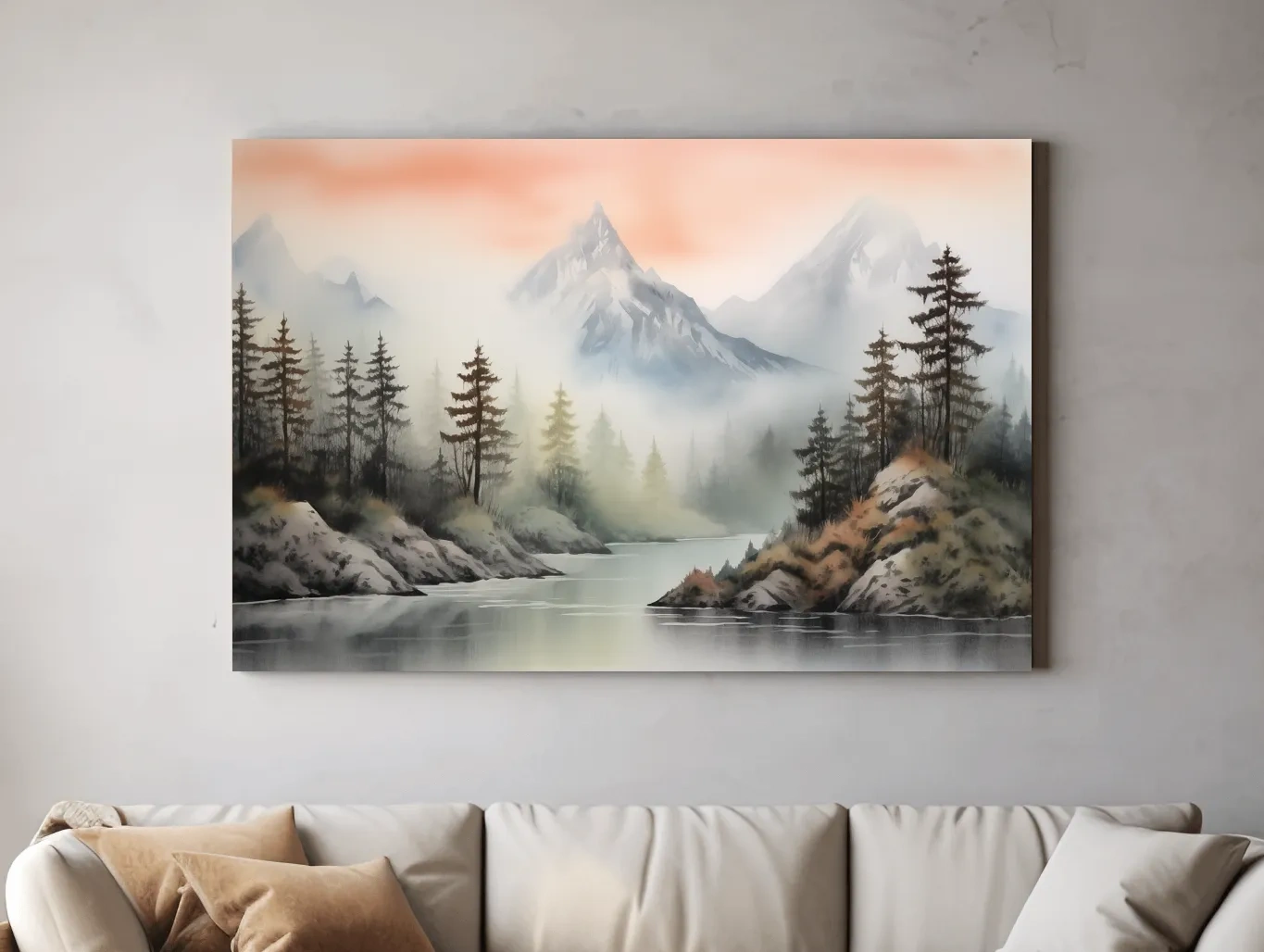 Misty Watercolor Mountain Lake Landscape - Serene Pine Forest Wall Art