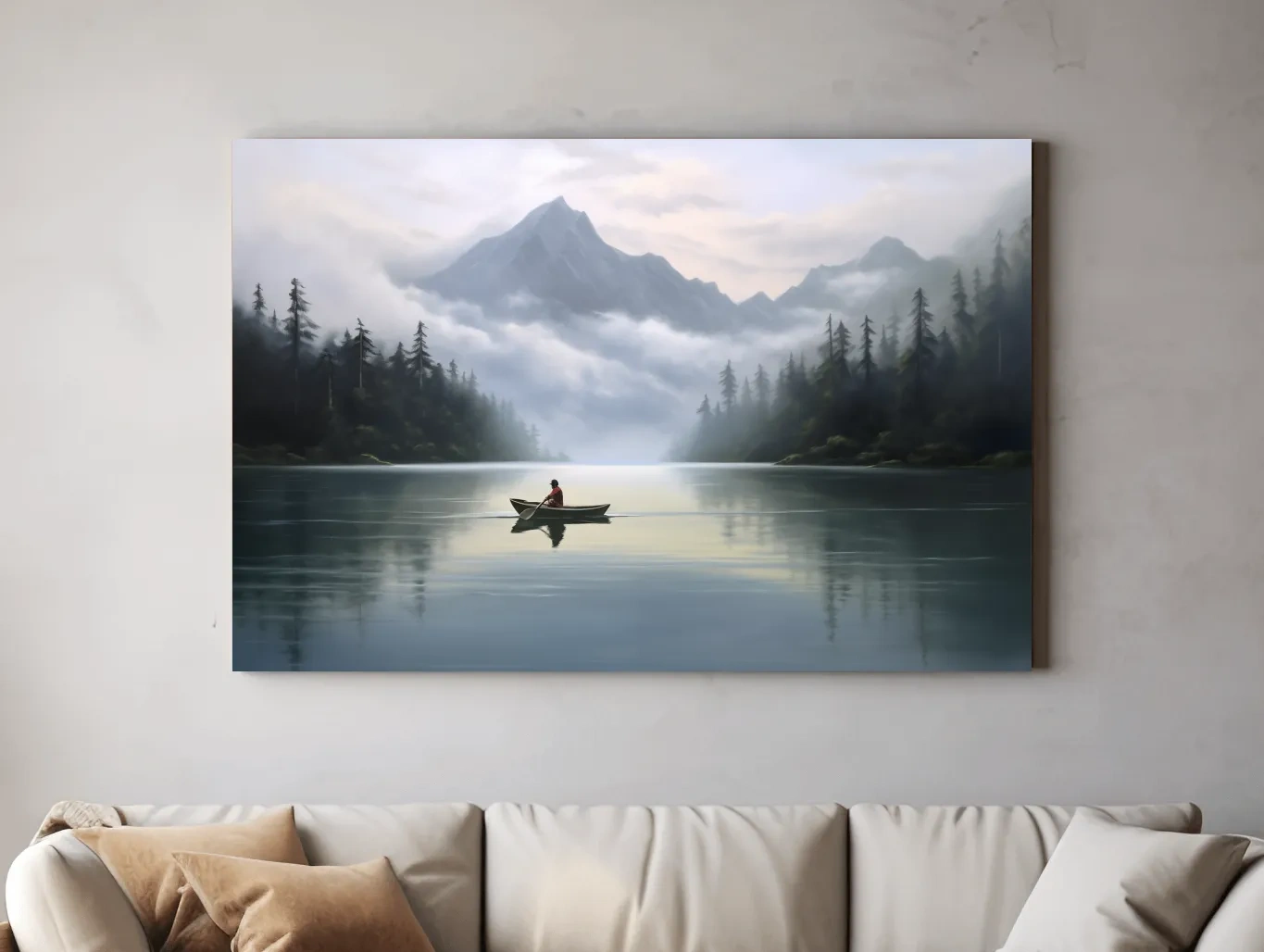 Misty Mountain Alpine Lake Canoe Scene - Serene Landscape Wall Art
