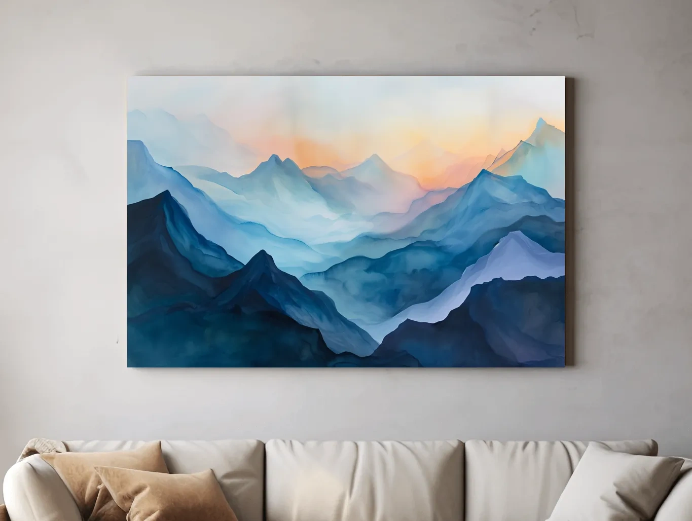Misty Sunrise Watercolor Mountain Range - Serene Abstract Landscape Wall Art