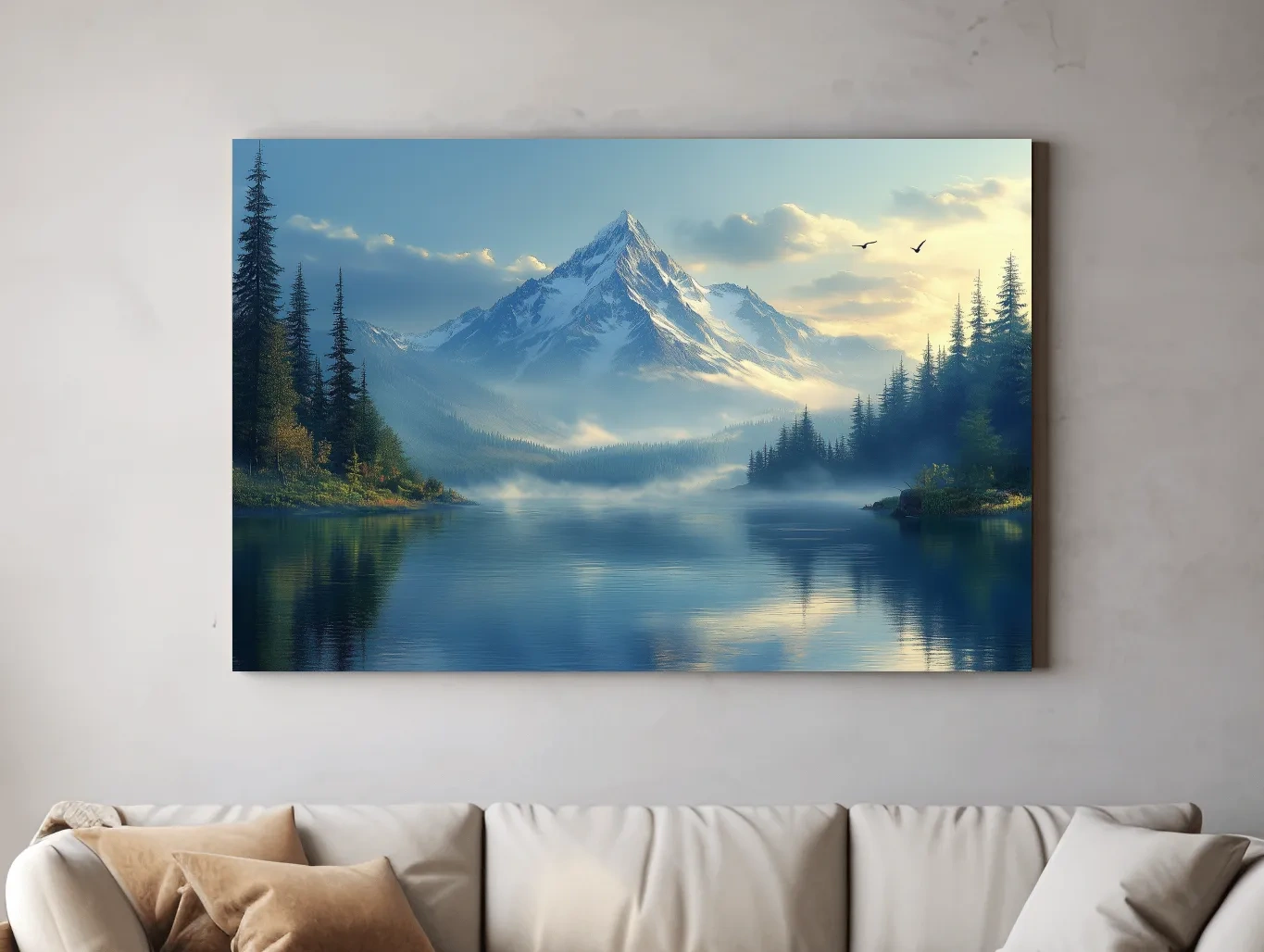 Misty Alpine Mountain Lake Sunset - Pine Forest Artwork