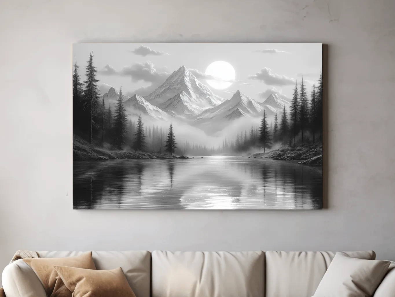 Monochrome Misty Alpine Lake Landscape - Mountain Forest Wall Art