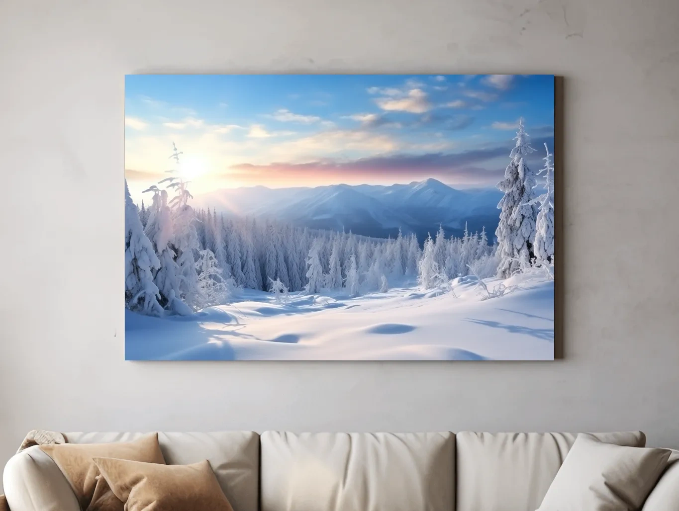 Serene Winter Mountain Sunrise Artwork - Snowy Pine Forest Photographic Wall Art