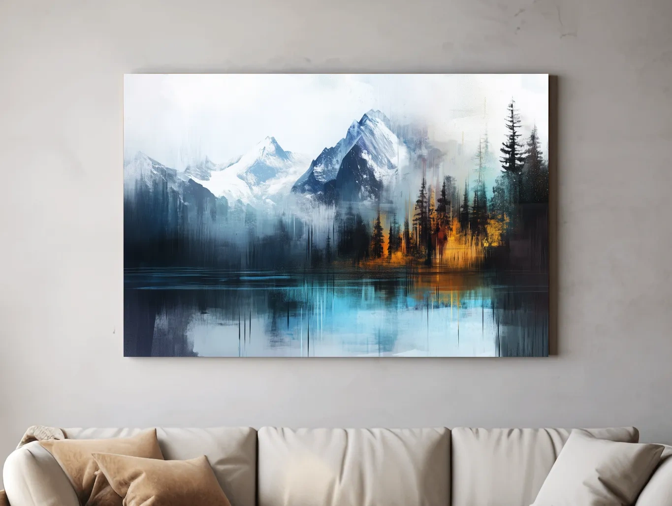 Misty Mountain & Lake Reflection - Abstract Painting Pine Forest Wall Art