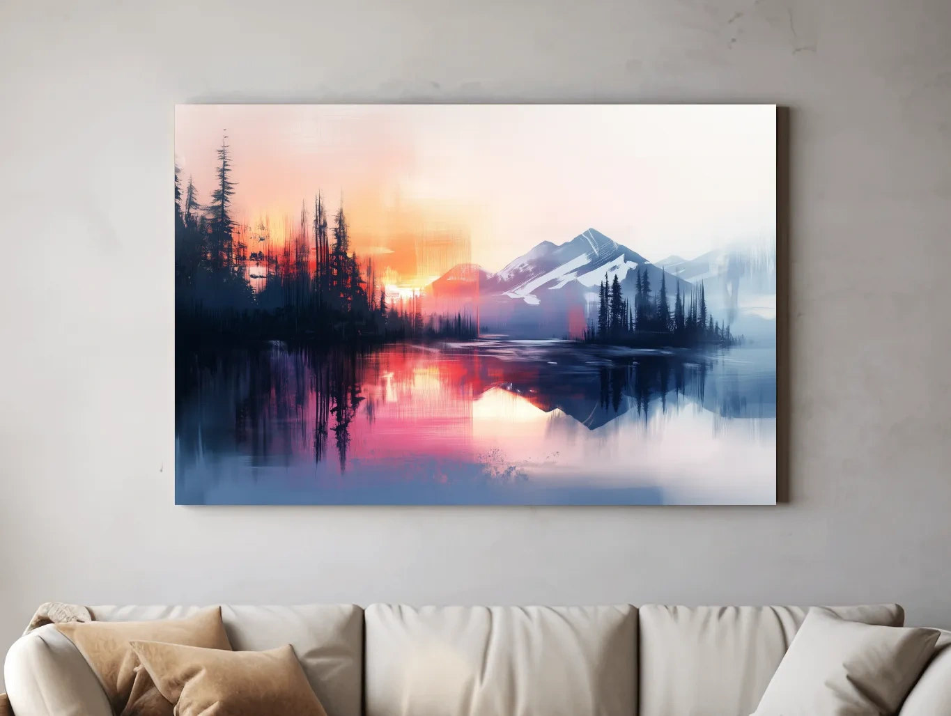 Vibrant Sunset Alpine Mountain Lake Reflection - Abstract Watercolor Forest Wall Art