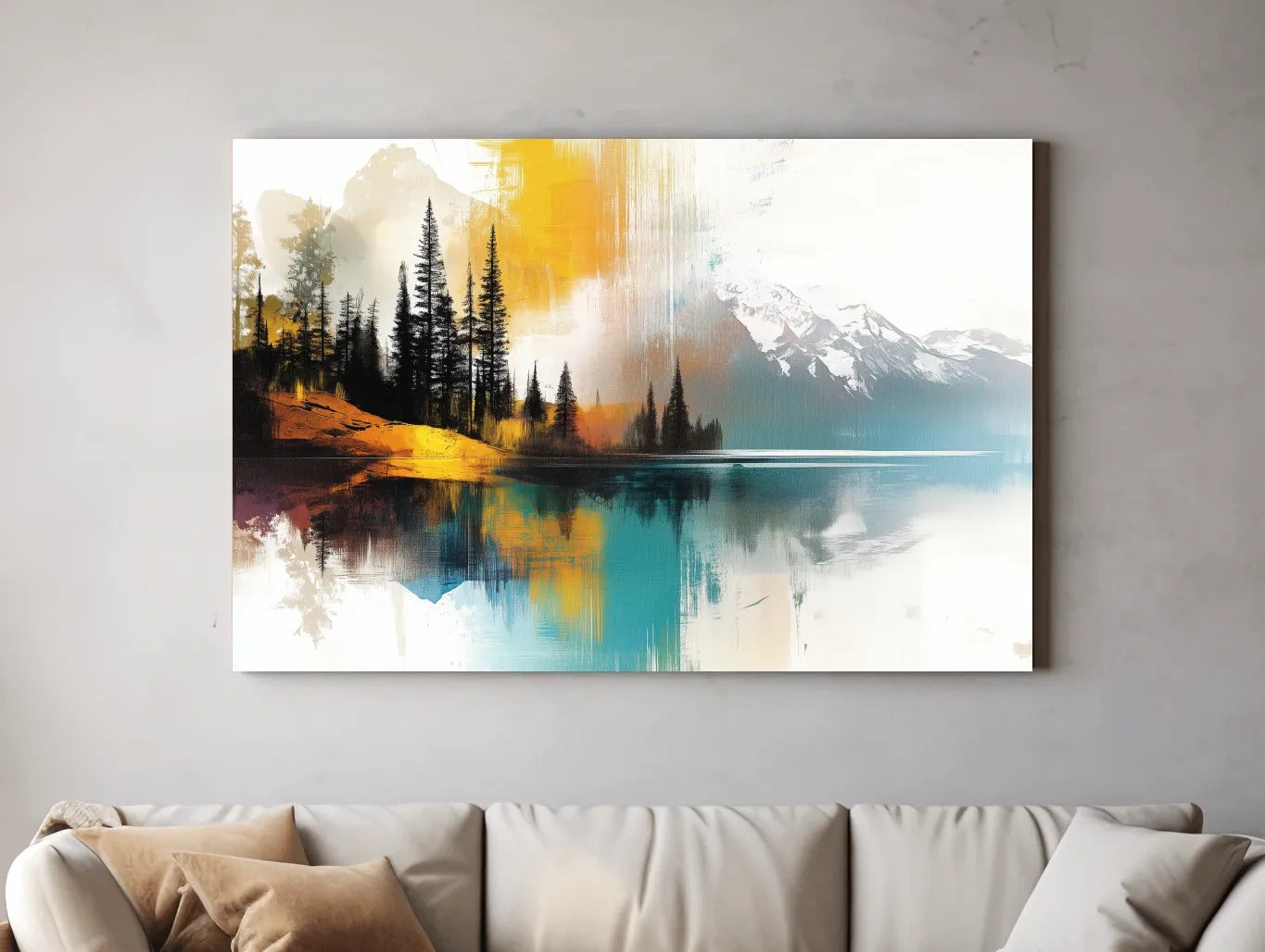 Colorful Abstract Mountain Lake Reflection Painting - Forest Landscape Wall Art