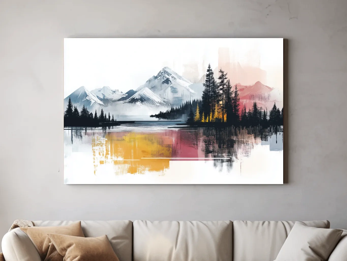 Abstract Misty Mountain Lake Painting - Modern Watercolor Pine Forest Art