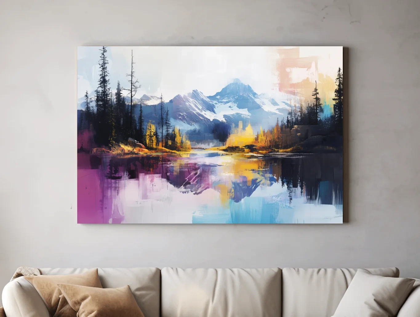 Vibrant Abstract Mountain Lake Reflection Painting - Colorful Modern Landscape Wall Art