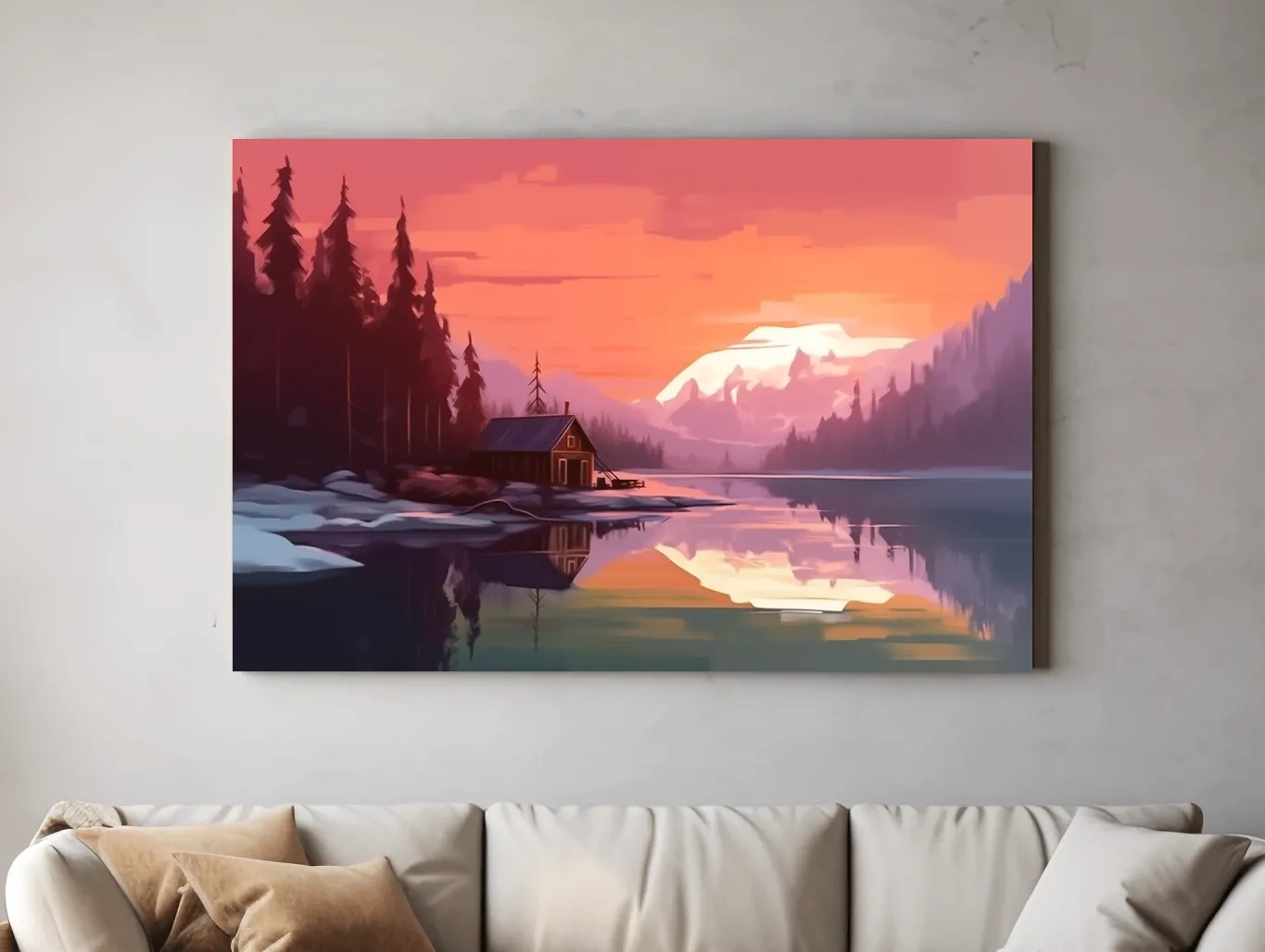 Sunset Mountain Lake Cabin Painting - Serene Alpine Landscape Wall Art