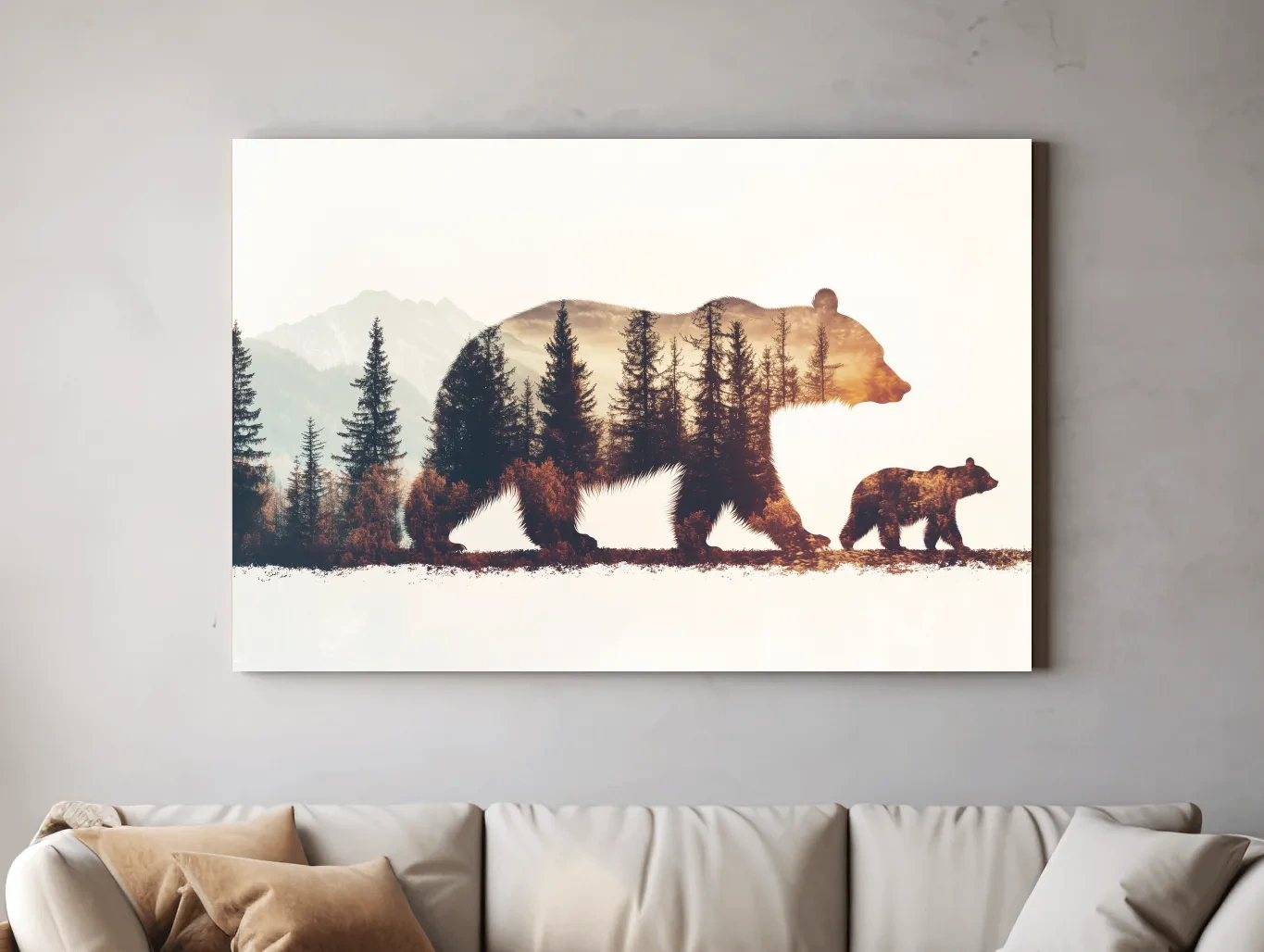 Rustic Double Exposure Bear Family - Sunset Forest Wildlife Wall Art