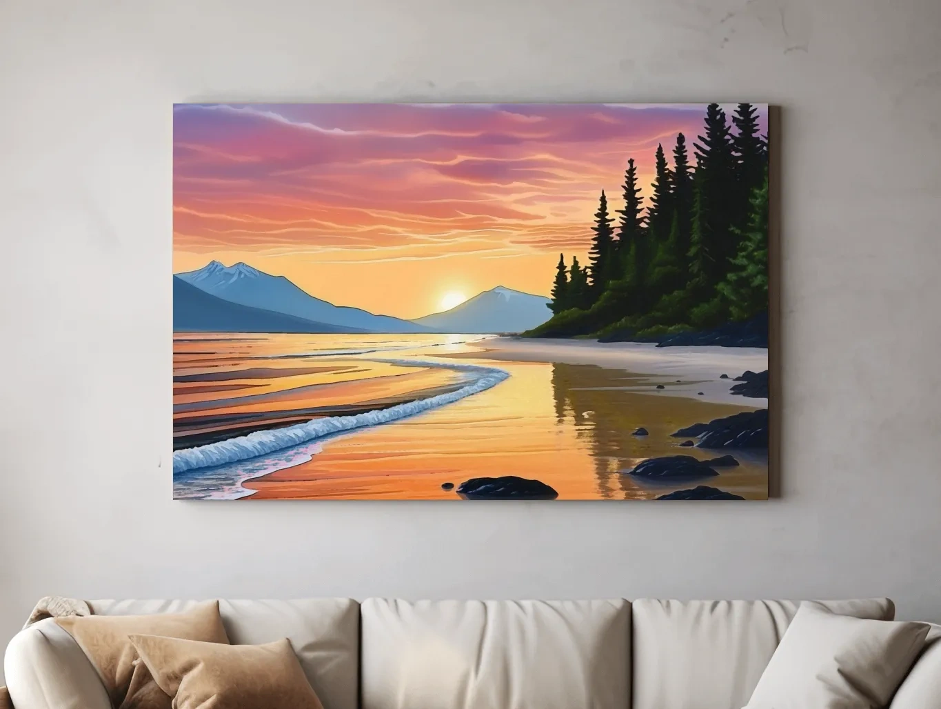 Pacific Northwest Coastal Sunset Beach Painting - Vibrant Pine Wall Art