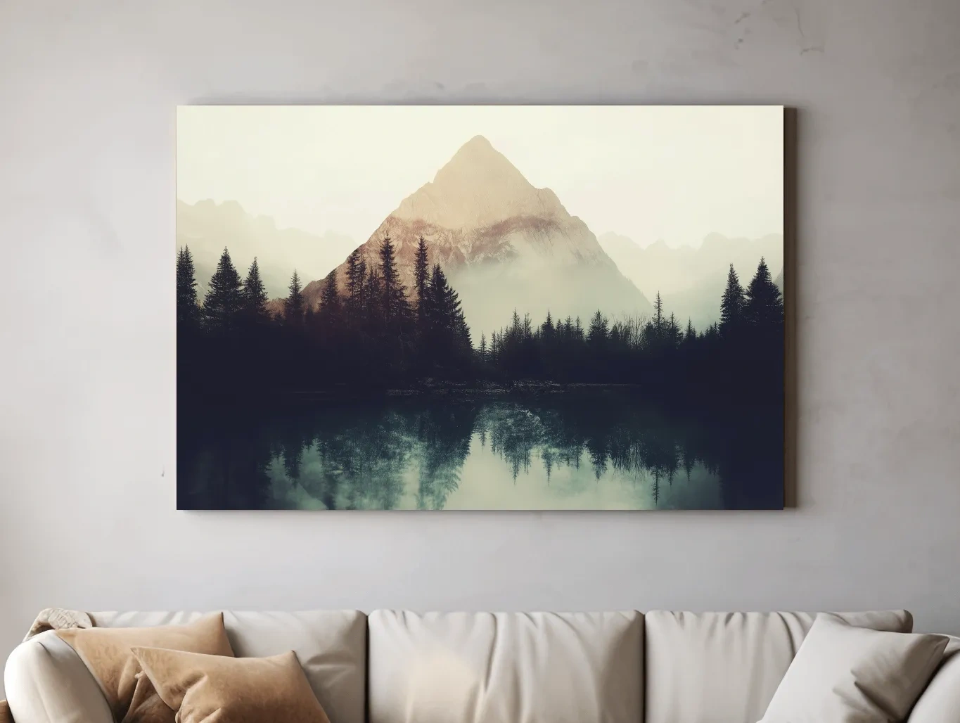Misty Pine Forest Silhouette Lake Reflection - Moody Mountain Wall Art