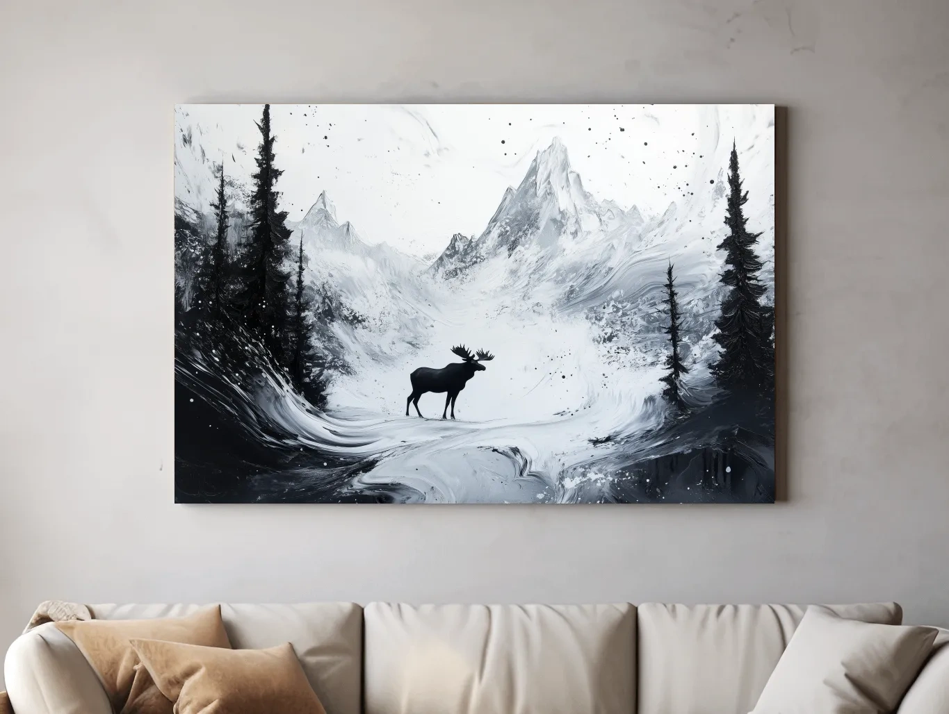 Moody Monochrome Moose Alpine Meadows - Abstract Ink Wash Wildlife Wall Art