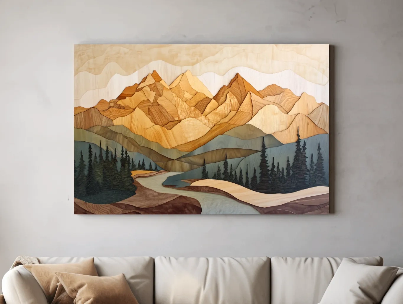 Wood Intarsia Mountain Landscape - Warm Earth Tone Alpine Forest Wall Art