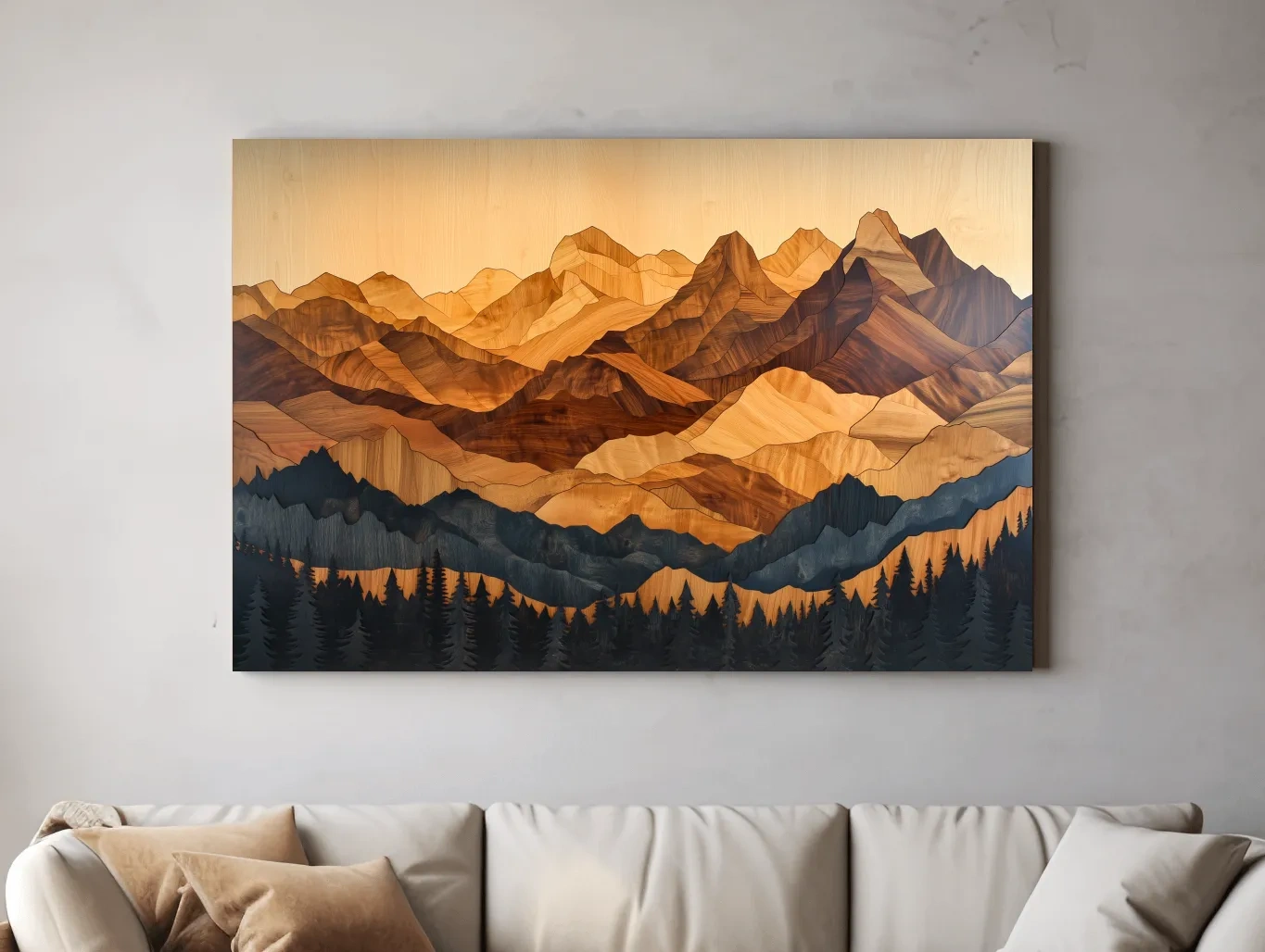 Layered Woodcut Intarsia Mountain Range Landscape - Peaks And Pine Forest Wall Art