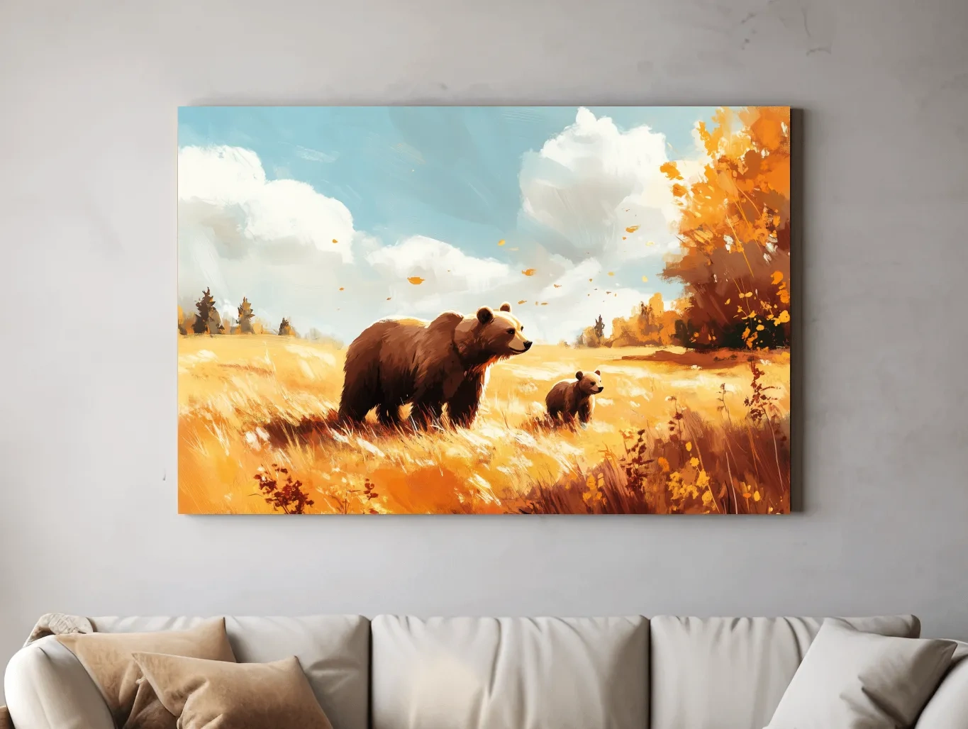 Autumn Grizzly Bear & Cub Painting - Warm Golden Wildlife Wall Art