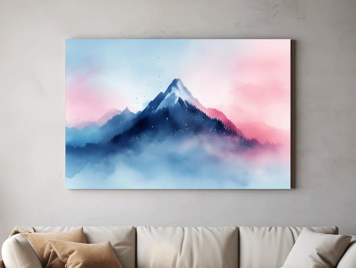 Misty Pastel Watercolor Mountain Peak - Dreamy Alpine Landscape Wall Art