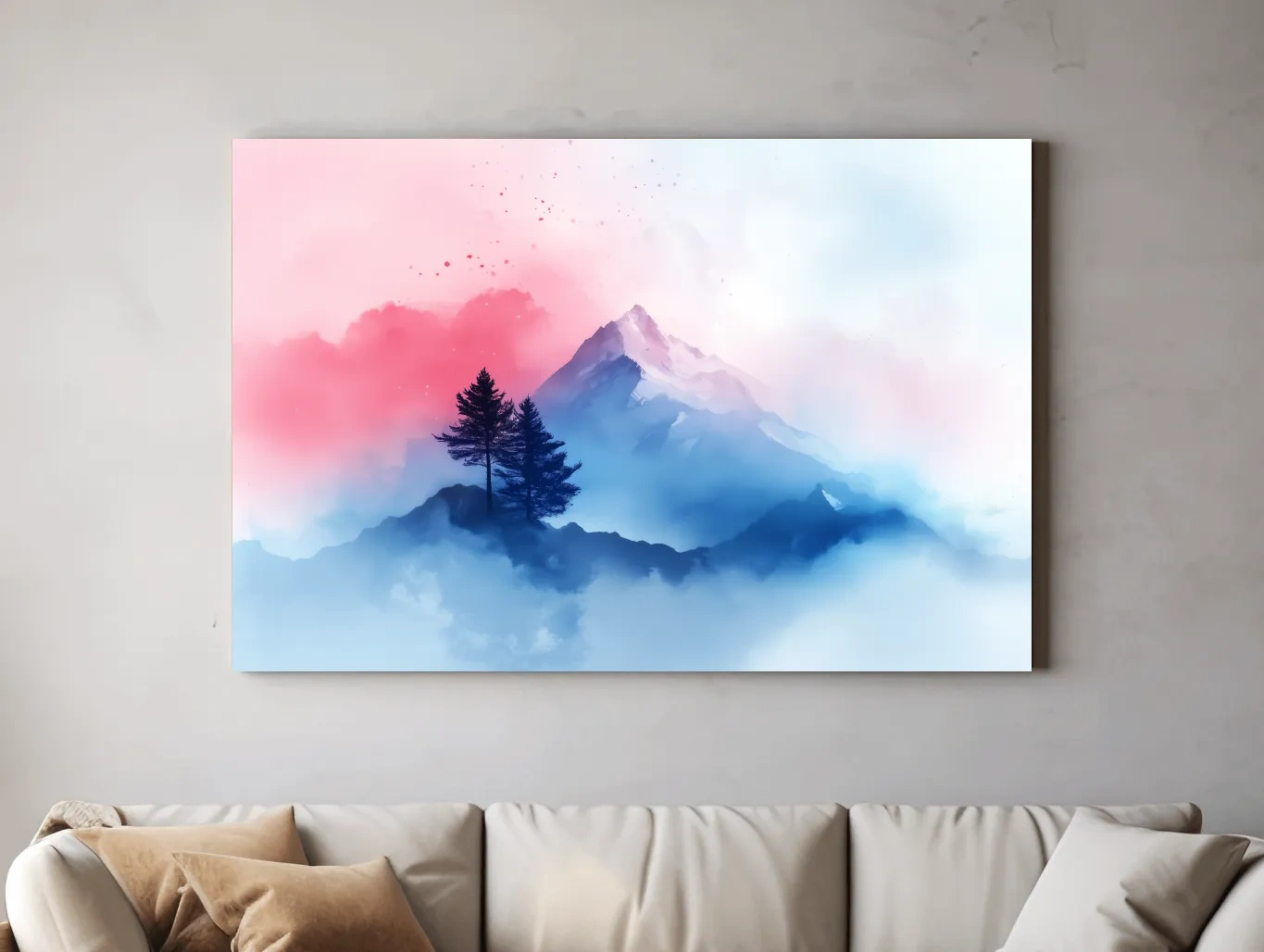 Serene mountain art painting, snowy glacier peaks, alpine trees and pastel clouds