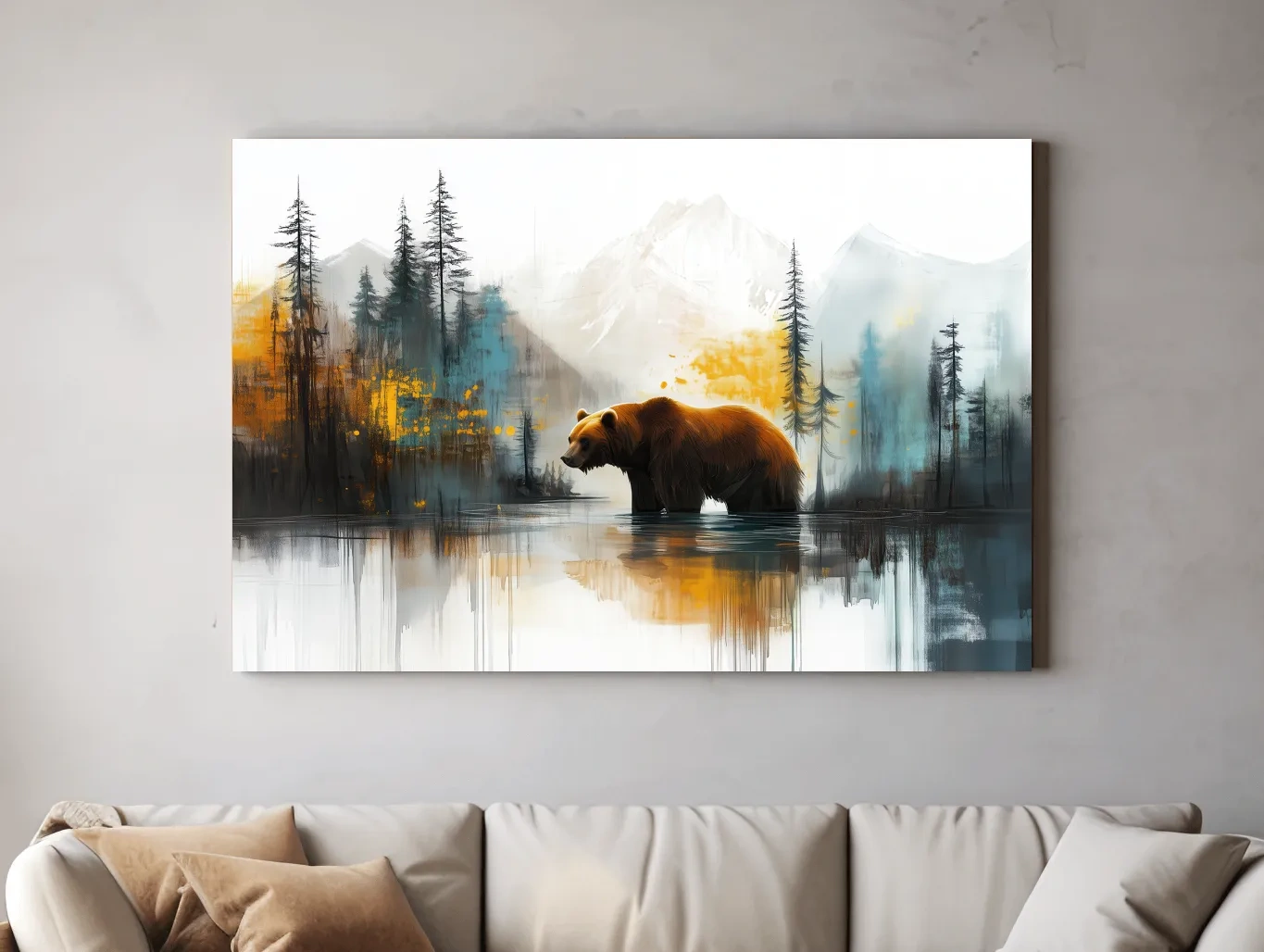 Grizzly Bear Lake Reflection - Misty Mountain Forest Watercolor Style Artwork
