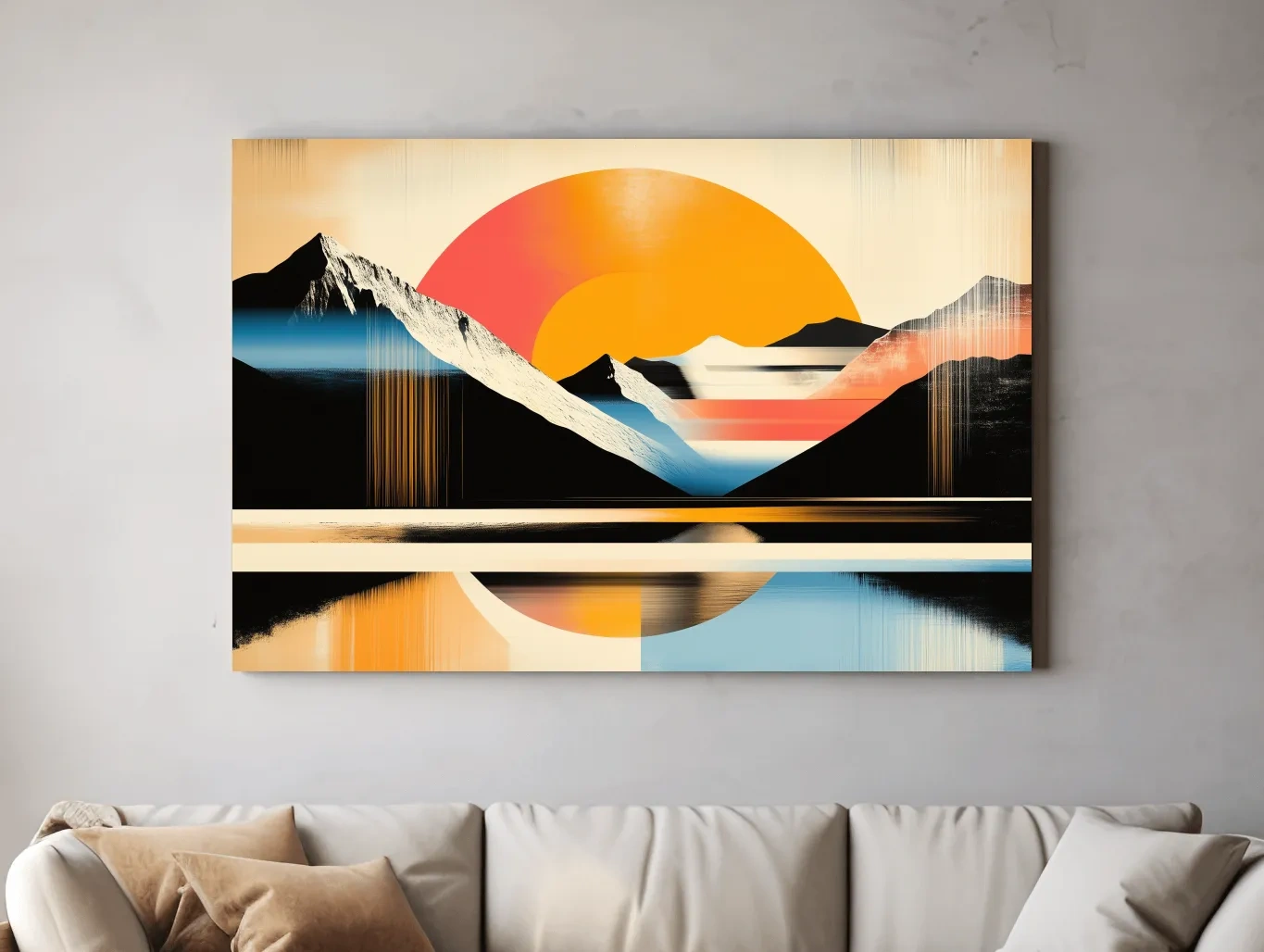Retro Abstract Alpine Lake Sunset Artwork - Geometric Landscape Wall Art