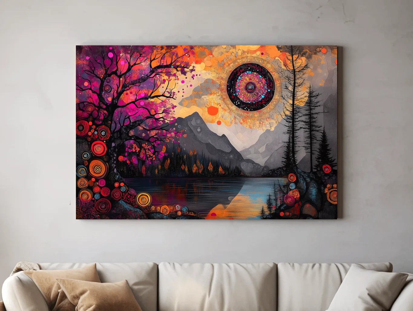 Psychedelic Mountain Lake Sunset Mandala - Vibrant Surreal Landscape Wall Art