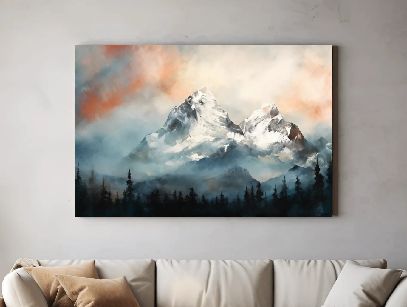 Misty Snowcapped Mountain Peaks Painting - Alpine Sunset Wall Art