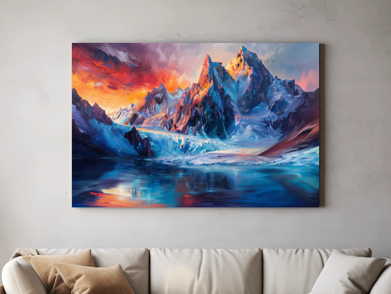 Vibrant Glacial Sunset Impressionism Painting - Dramatic Alpine Mountain Wall Art