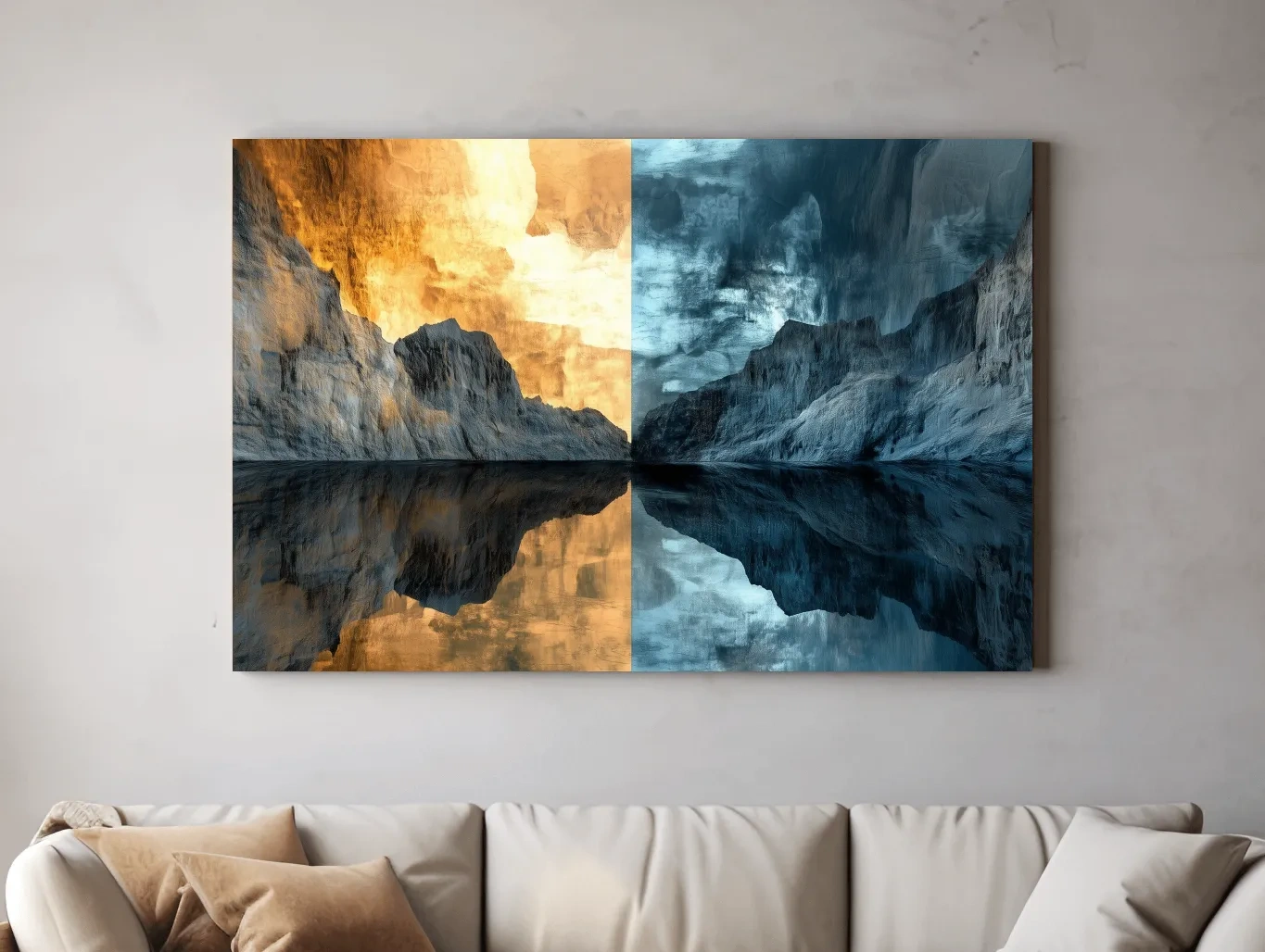 Split Tone Mountain Lake Reflection - Fiery Sunset Cool Twilight