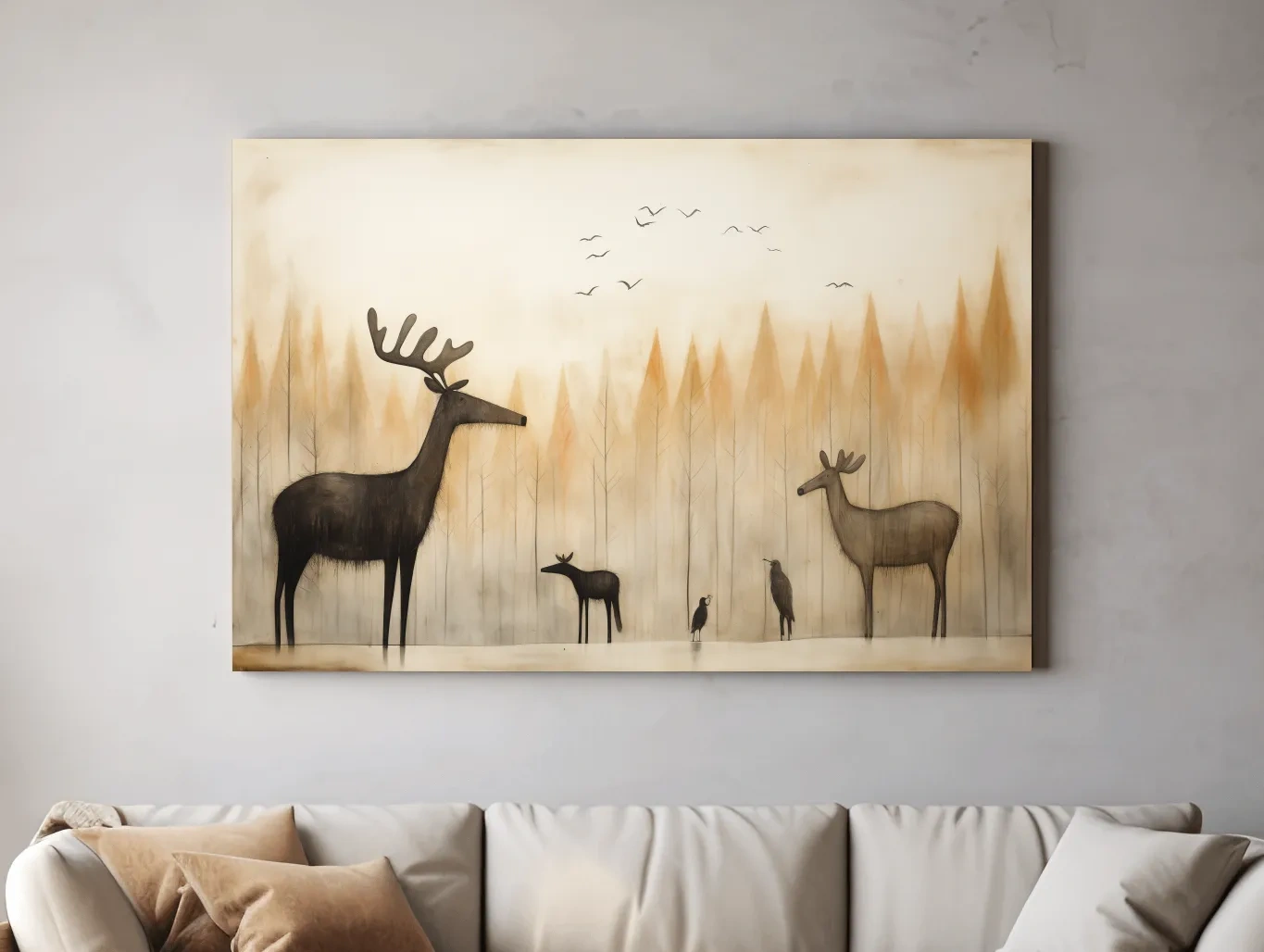 Minimalist Woodland Deer Family Illustration - Scandinavian Nursery Forest Wall Art