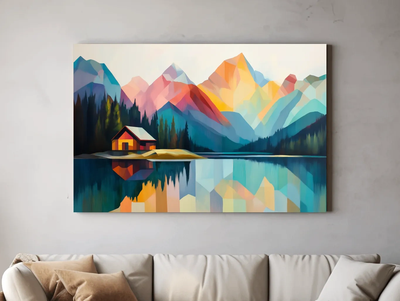 Vibrant Geometric Mountain Lake Cabin - Modern Abstract Landscape Wall Art