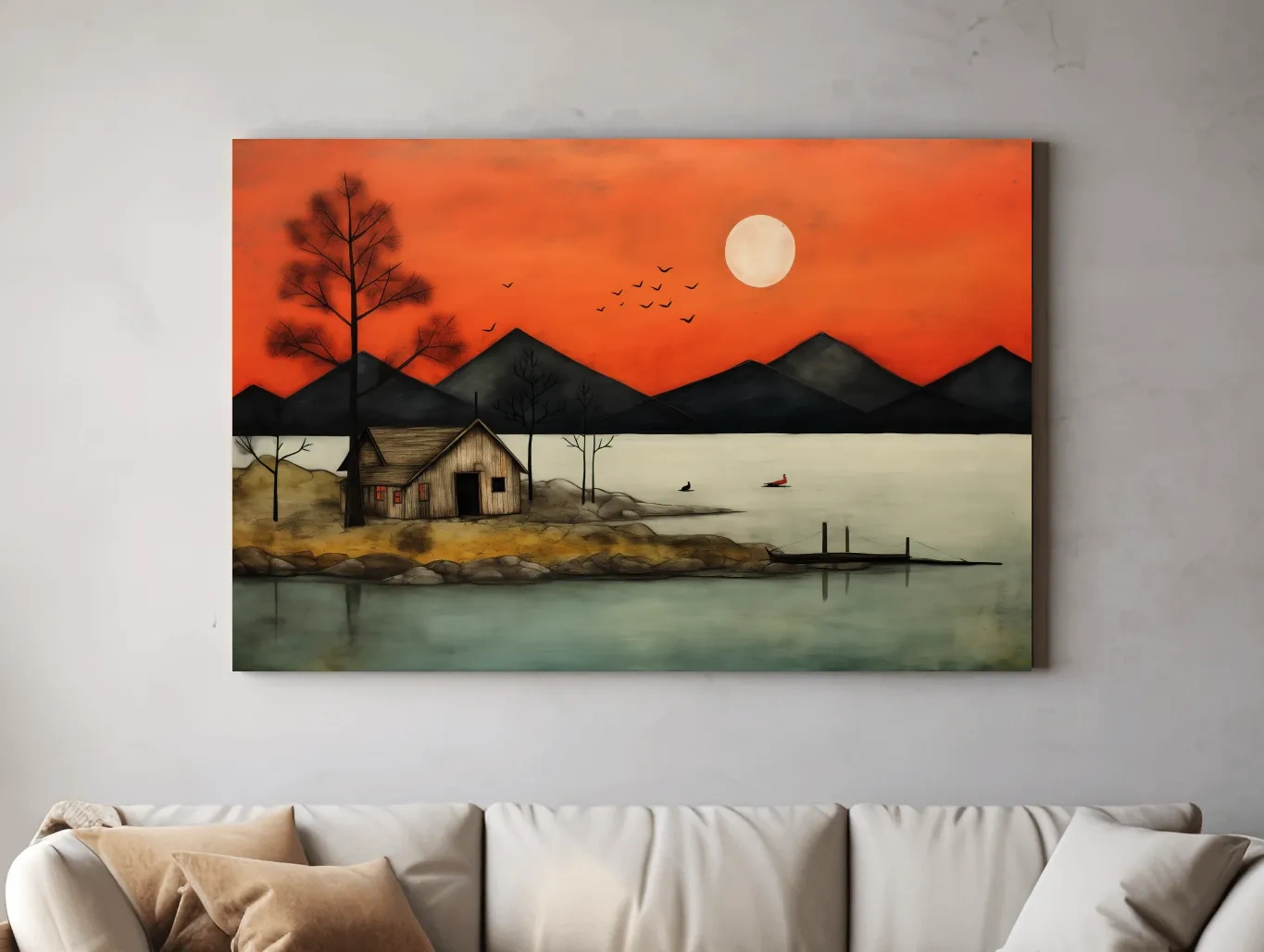 Rustic Lakeside Cabin Sunset Painting - Mountain Wall Art