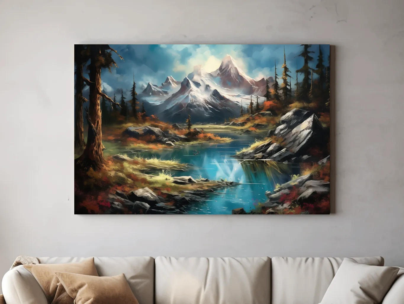 Serene alpine lake and snow-capped mountains wall artwork, vibrant scenic painting