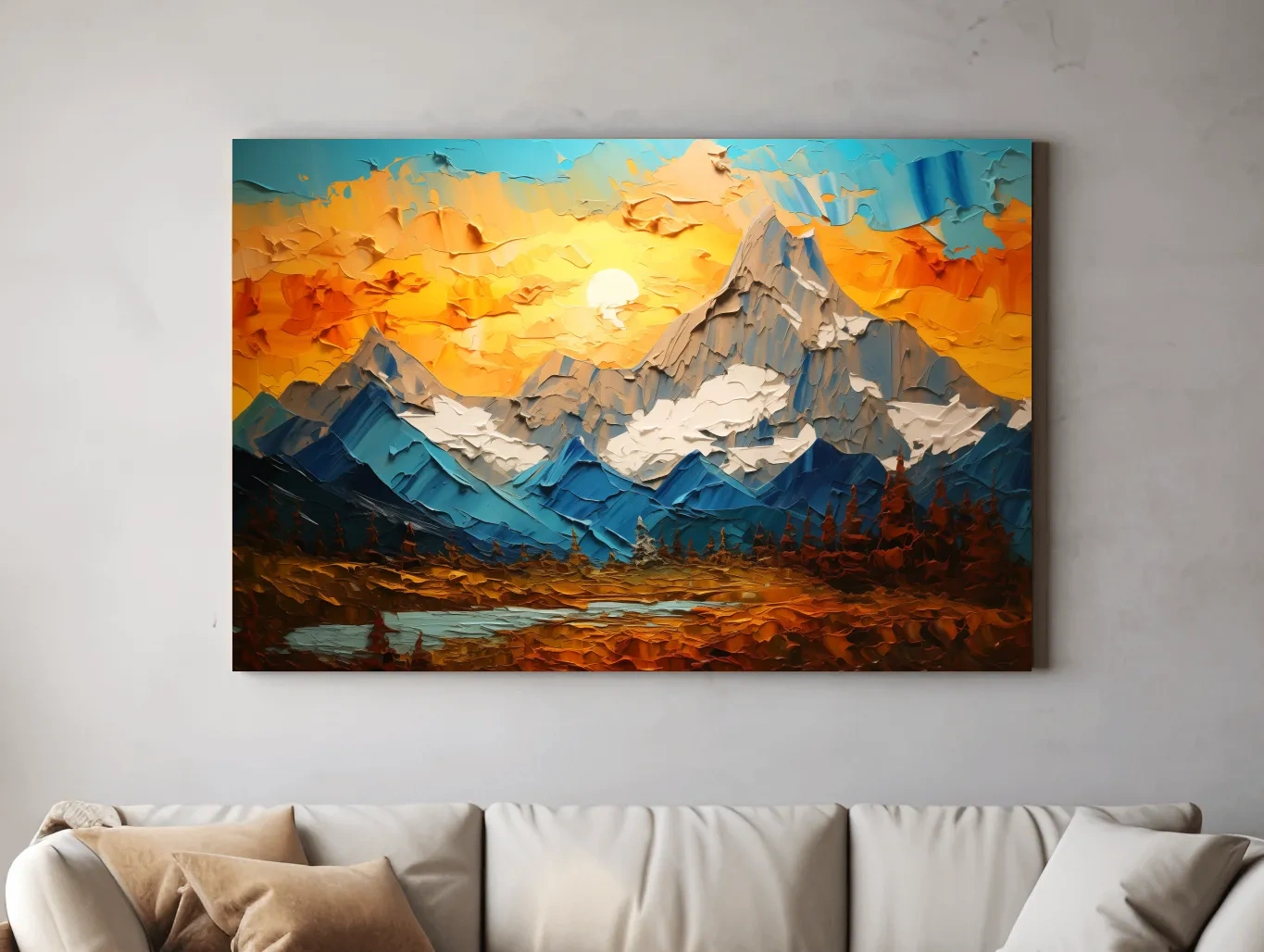 Palette Knife Style Mountain Sunset Painting - Vibrant Abstract Alpine Artwork