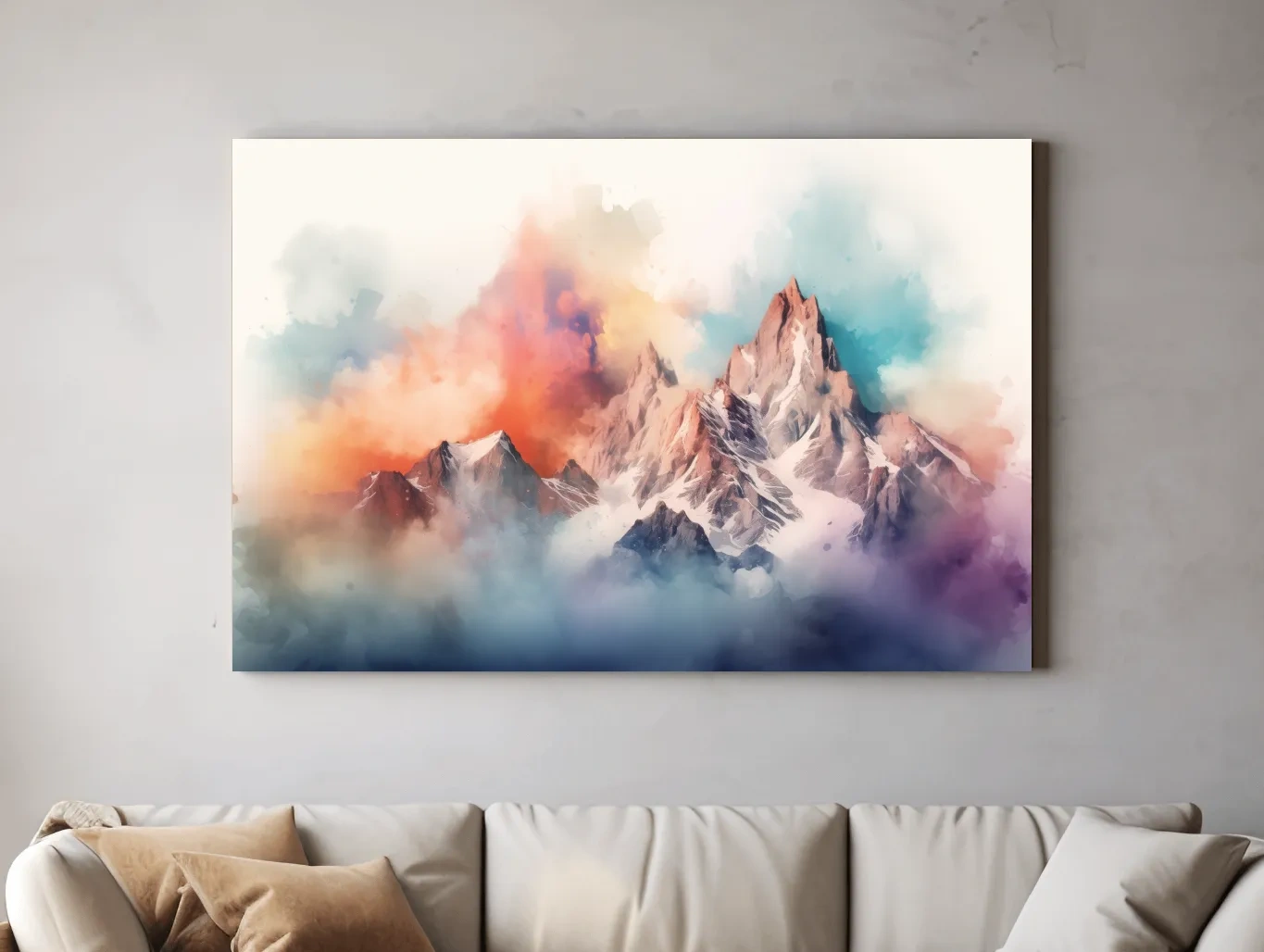 Vibrant Watercolor Alpine Mountain Peaks - Colorful Misty Artwork