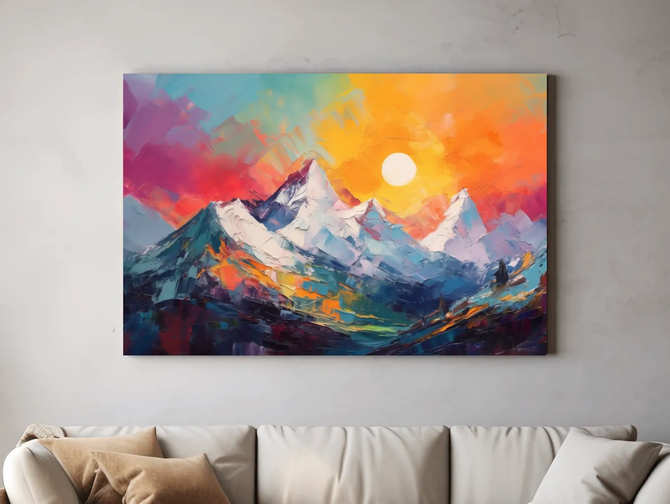 Vibrant Impasto Mountain Sunset Painting - Colorful Abstract Alpine Wall Art