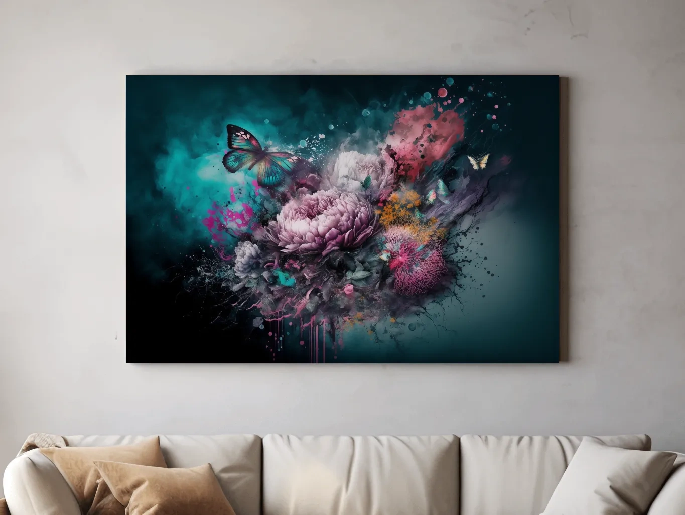 Surreal Floral Butterfly Explosion Painting - Vibrant Botanical Wall Art