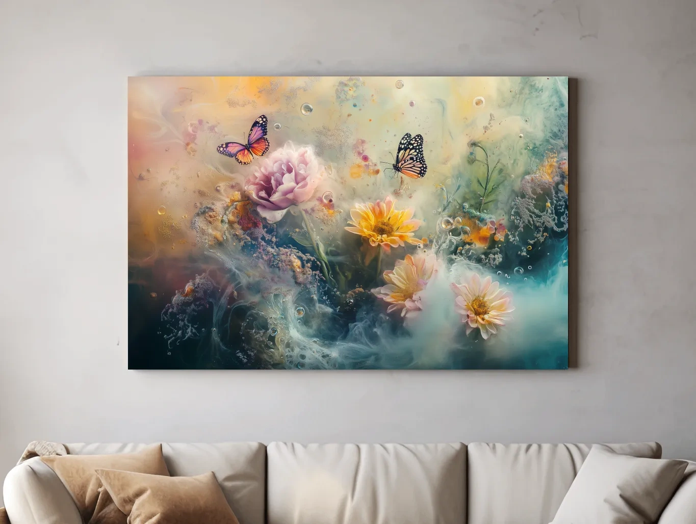 Ethereal Butterfly Floral Dreamscape - Pastel Mixed Media Wall Art