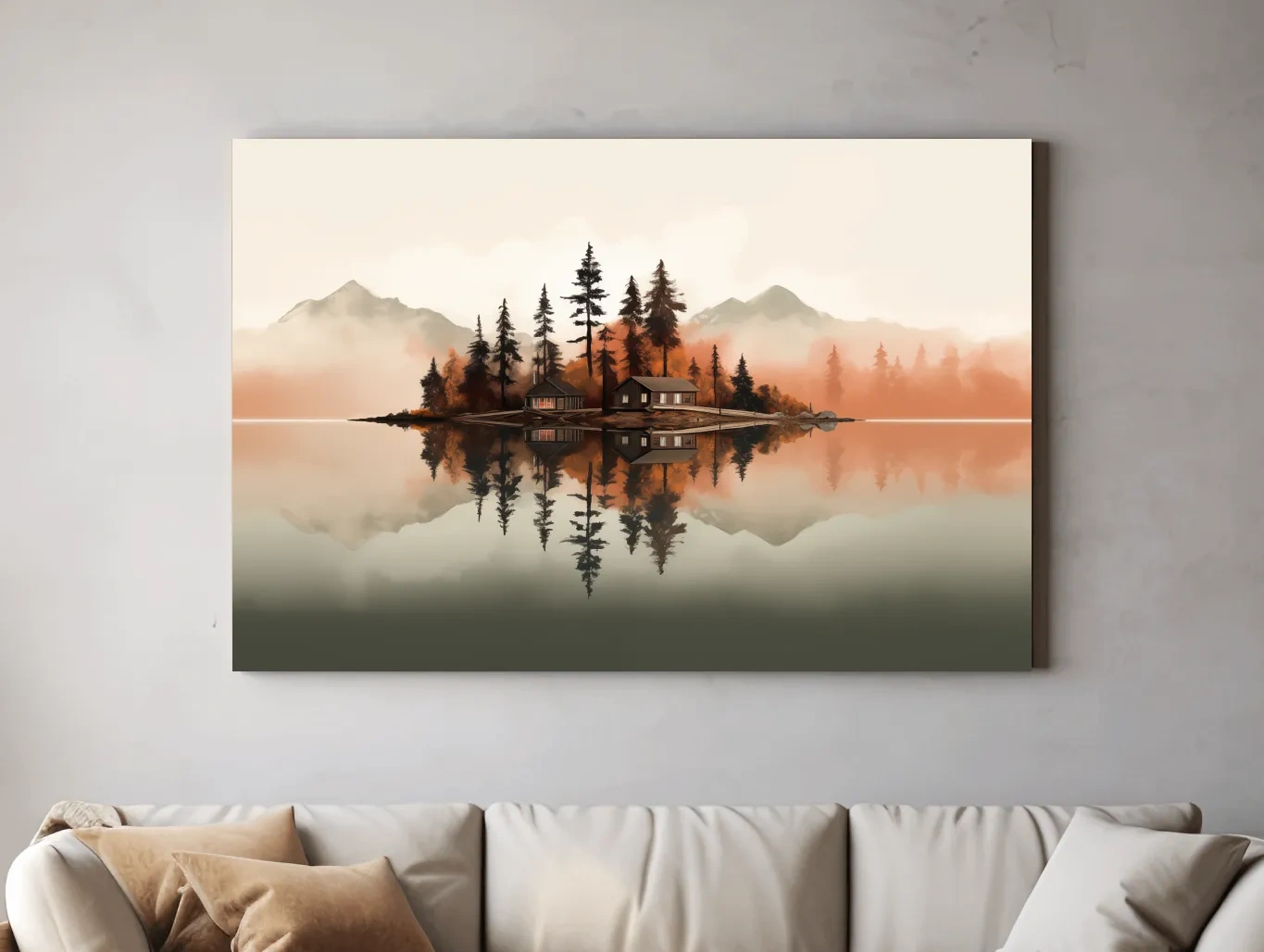 Minimalist art, lakeside cabin amongst the trees