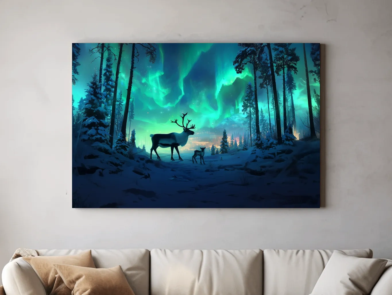 Caribou Buck Under Aurora Borealis Winter Scene - Fantasy Northern Lights Forest Wall Art