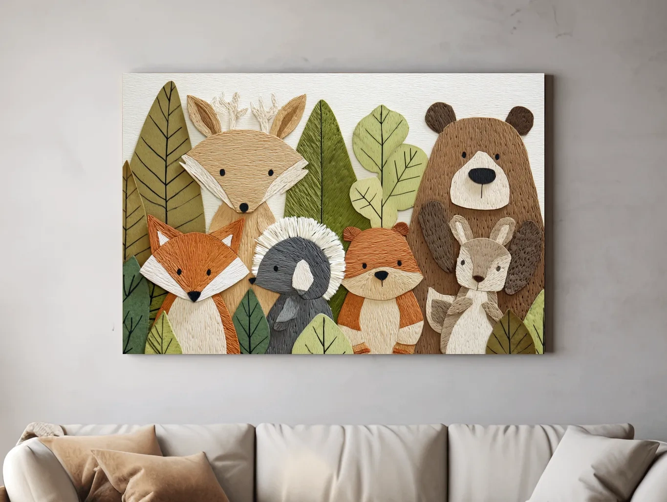 Woodland Animal Nursery Decor - Cute Forest Animals Embroidery Style Wall Art