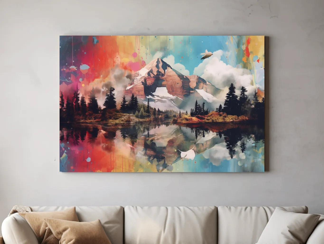 Vibrant Abstract Mountain Lake Painting - Colorful Landscape Wall Art