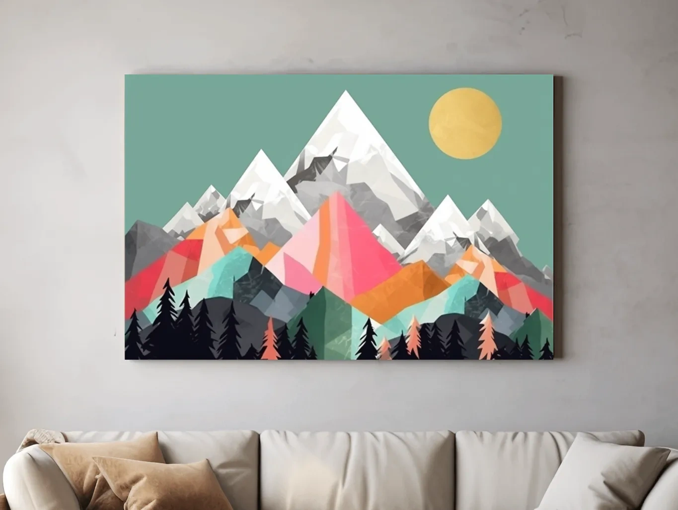 Geometric Abstract 2D Mountain Sunrise Art - Colorful Mid Century Wall Art
