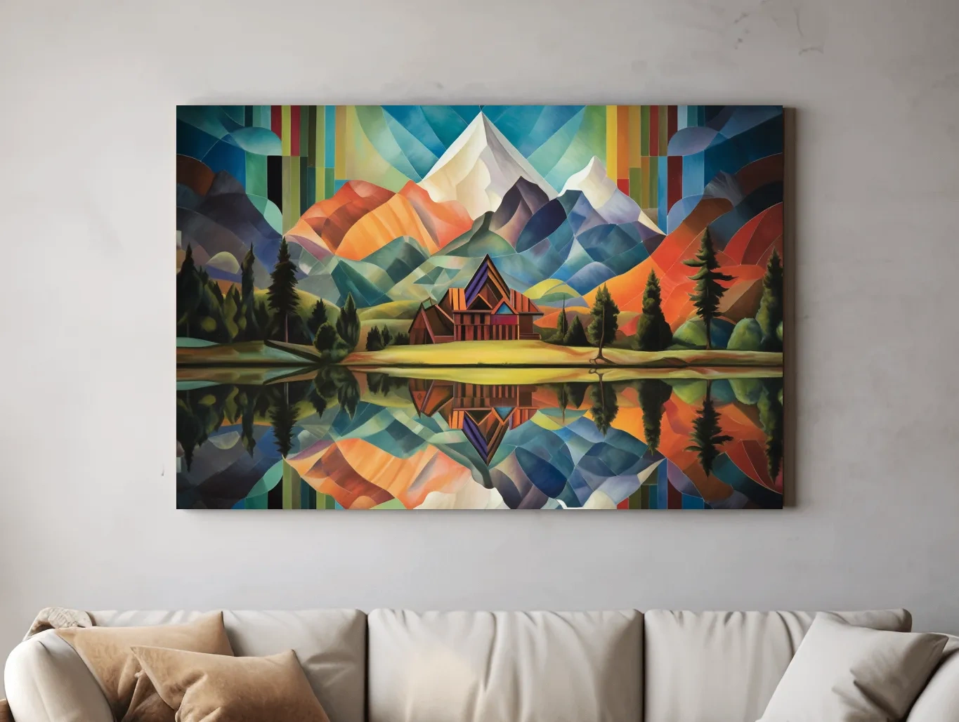 Vibrant Geometric Mountain Cabin Lake Reflection - Colorful Abstract Landscape Wall Art