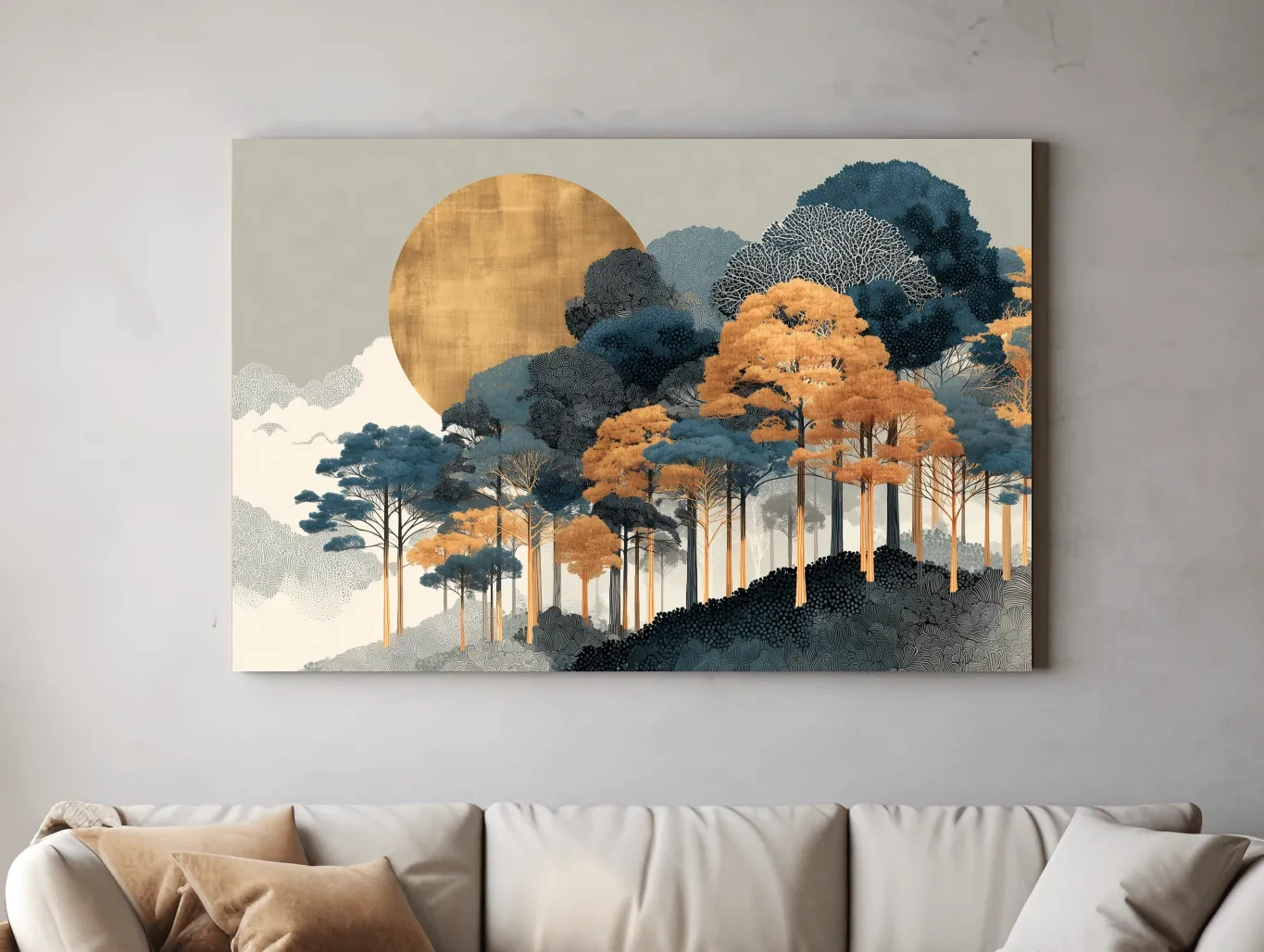 Modern Chic Golden Sun Over Autumn Forest - Elegant Boho Landscape Wall Art