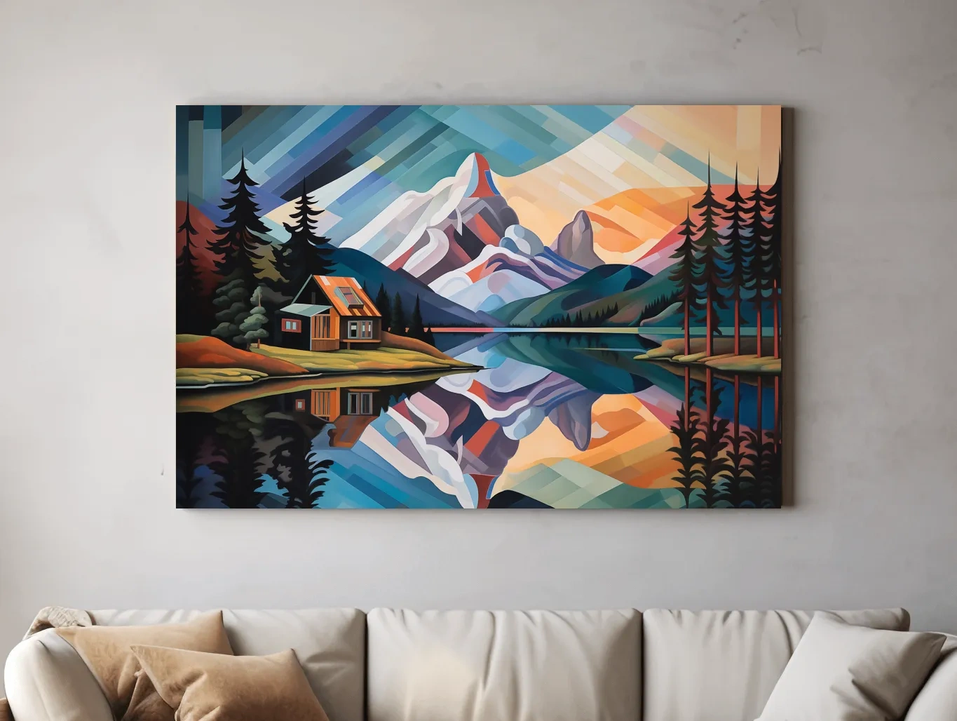 Mountain Cabin by the Lake Canvas Print - Abstract Oil Painting Sunset Wall Art