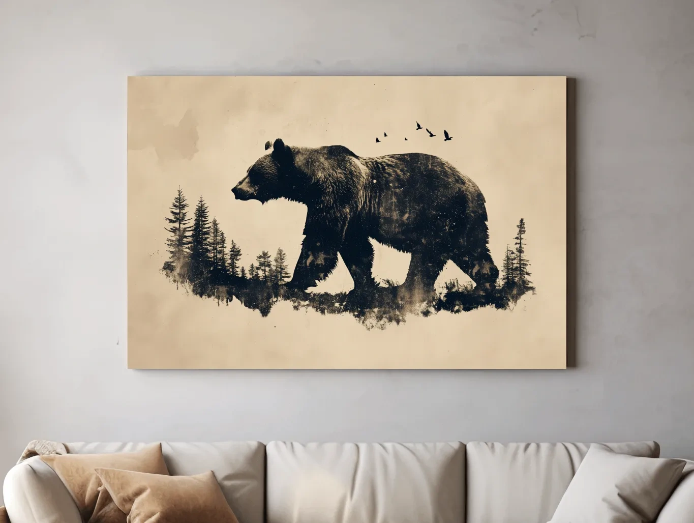 Vintage Grizzly Bear Forest Silhouette - Rustic Wildlife Wall Art