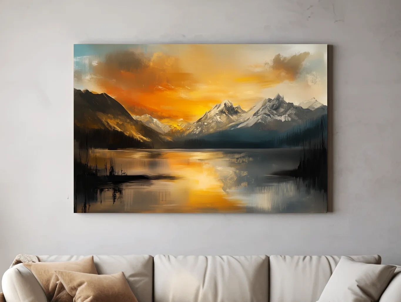 Moody Alpine Mountain Lake Sunset Painting - Oil Painting Style Wall Art