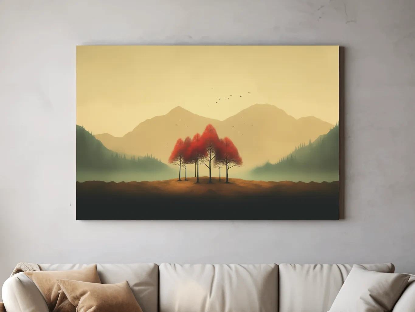 Minimalist Autumn Tree Grove Landscape - Misty Mountain Forest Wall Art